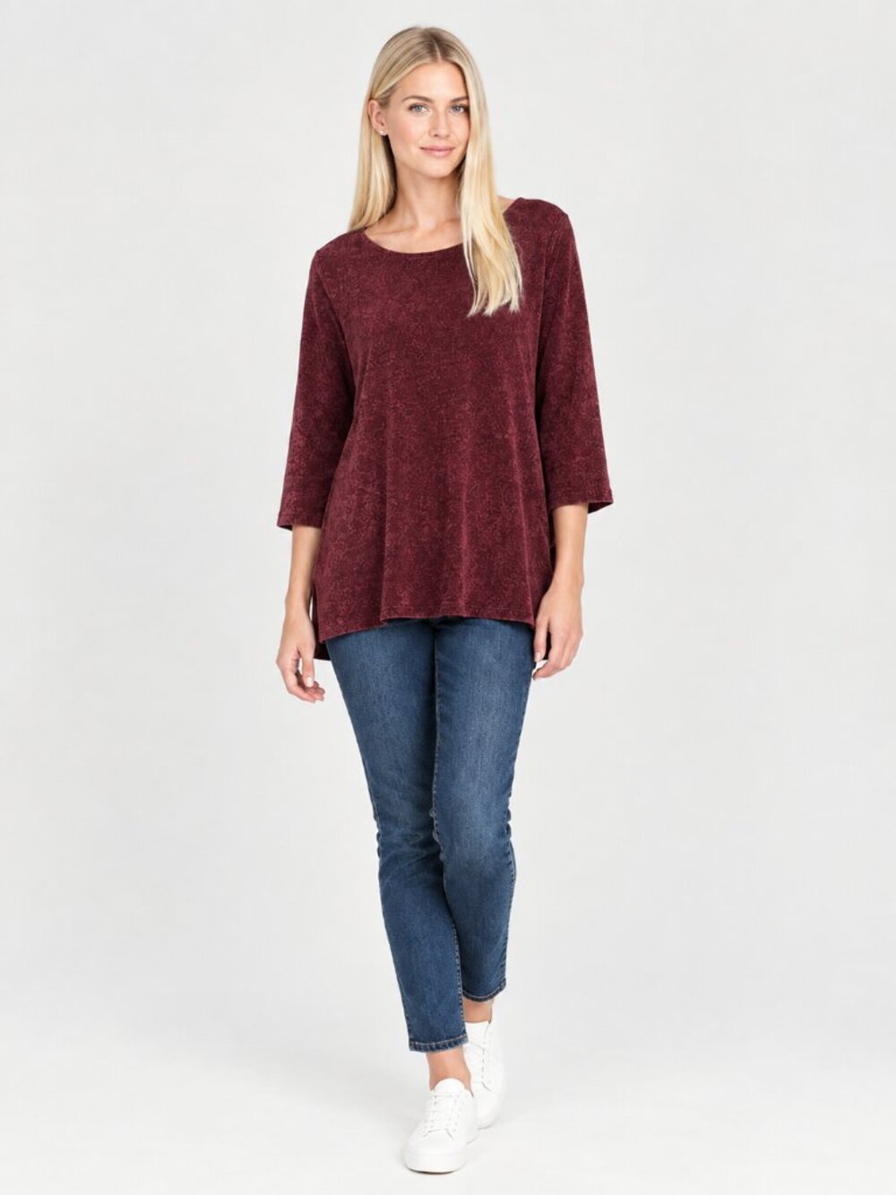 J. Jill Wearever Velour Chenille Scoop Neck 3/4 Sleeve Tunic Burgundy 2X #A4613